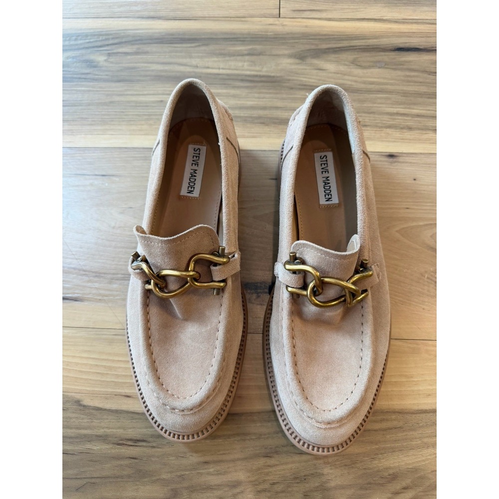 Steve Madden Karminne Loafers 9.5 Beige Suede Leather Gold Link Chain Women's